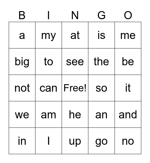 1st Grade Bingo Card