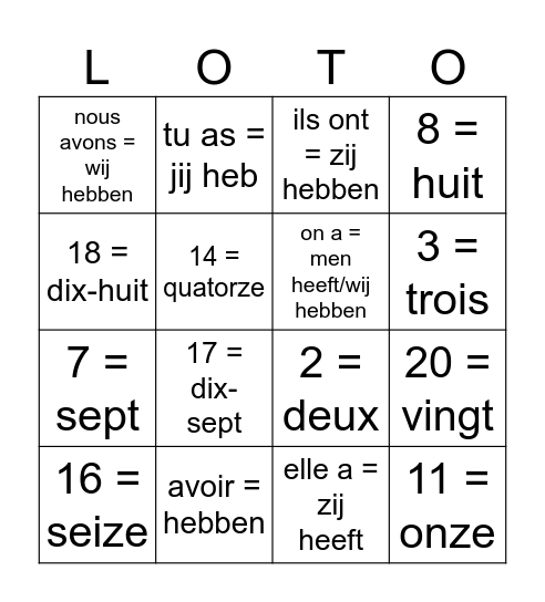 avoir en getallen Bingo Card