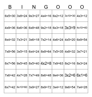 multiplication Bingo Card