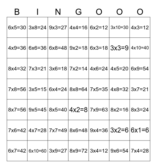 multiplication Bingo Card