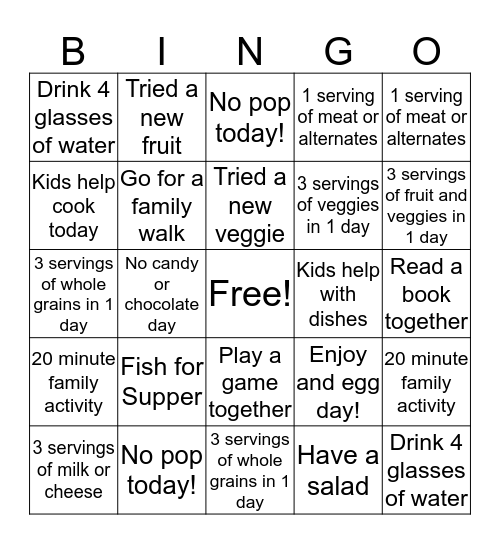 Family Wellness Bingo Card