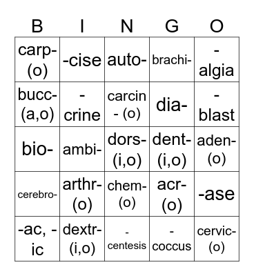 Word Parts A-D Bingo Card