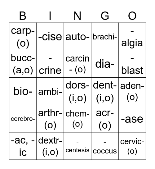 Word Parts A-D Bingo Card