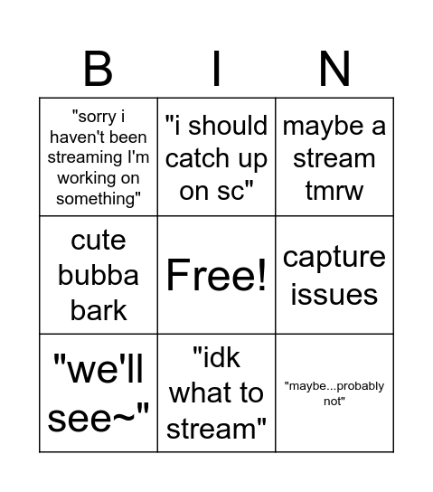 Ame Stream Bingo Card