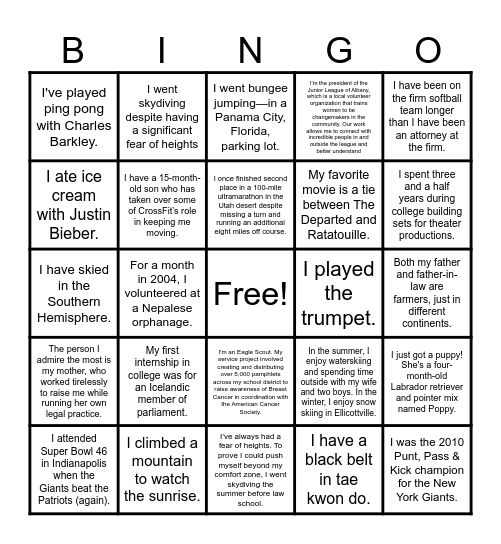 Associates' Fun Facts Bingo Card