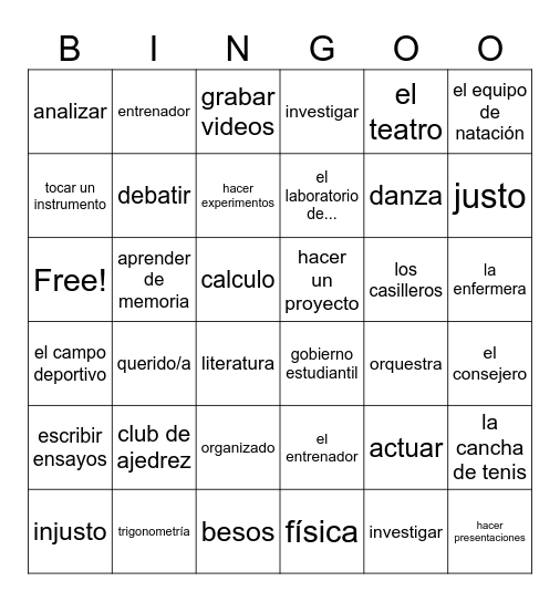 Unidad 1 Vocabulario Bingo Card