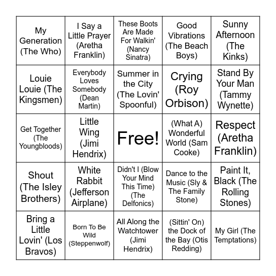 Hits of the 60s! Bingo Card