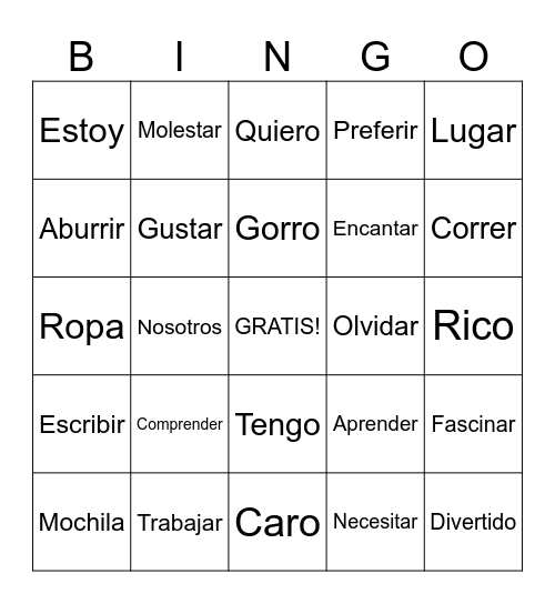 Spanish 2 Vocab Bingo Card