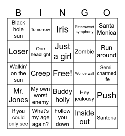 Jukebox Bingo: 90s ALT Bingo Card