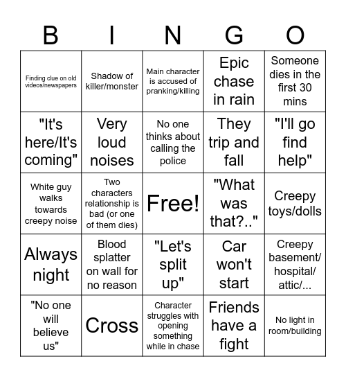 Horror Movie Cliché Bingo Card