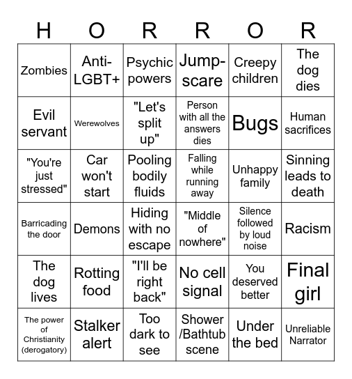 Horror Movie Trope Bingo Card