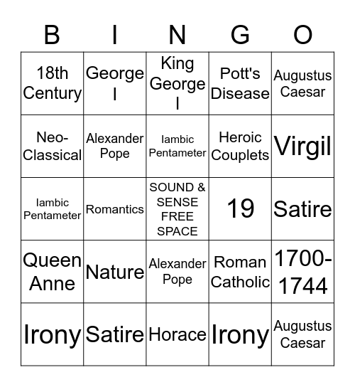 SOUND AND SENSE BINGO Card