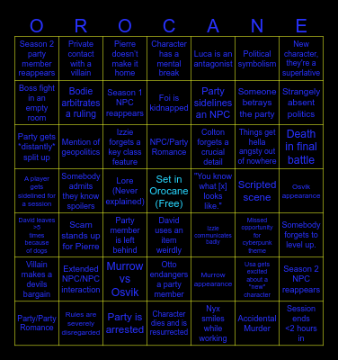 Orocane S3 Bingo Card