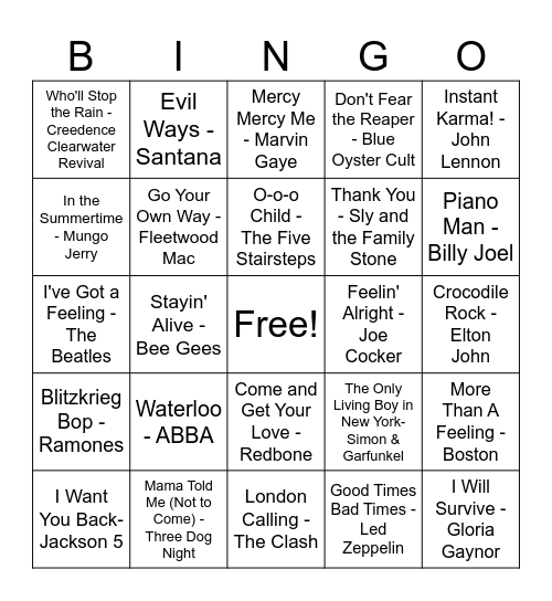 1970s Music Bingo game 14 Bingo Card