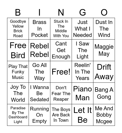 1970's music bingo game 15 Bingo Card