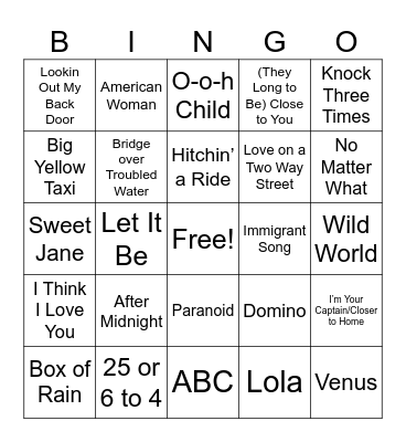 1970s music bingo game 16 Bingo Card