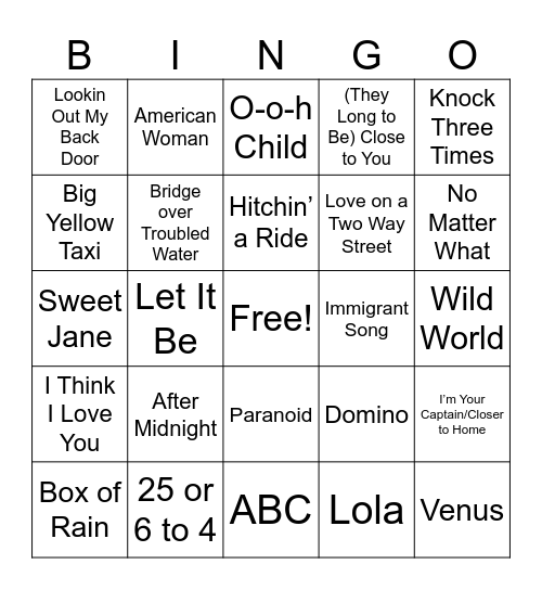 1970s music bingo game 16 Bingo Card