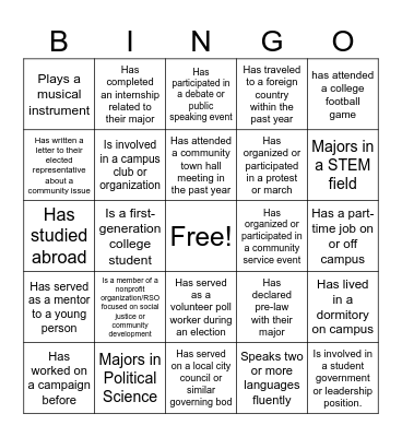 Find Someone Who ..? (Civic Leadership Edition) Bingo Card