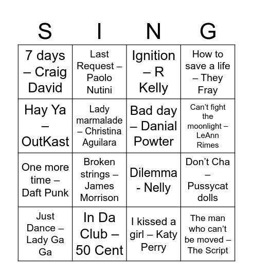 2000s Music Bingo Game 23 Bingo Card