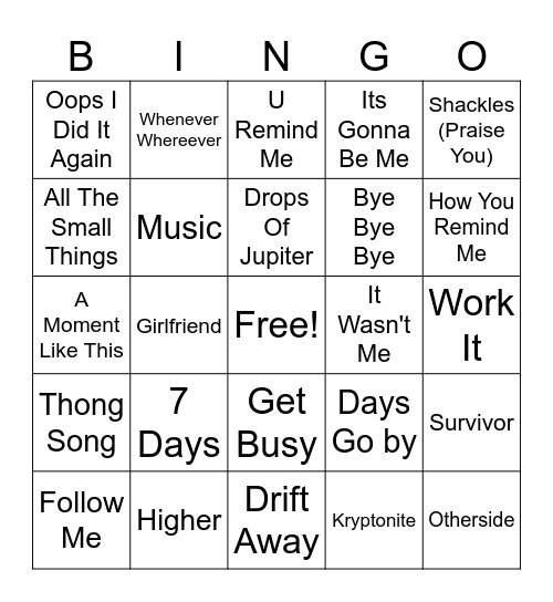2000s Music Bingo Game 26 Bingo Card