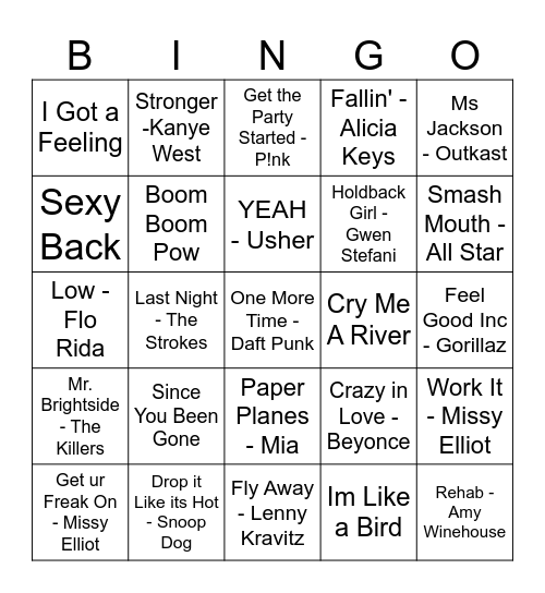 2000s Music Bingo Game 27 Bingo Card