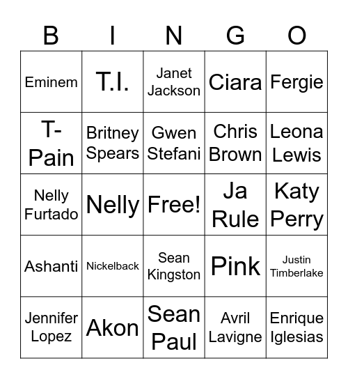 2000s Music Bingo Game 28 Bingo Card