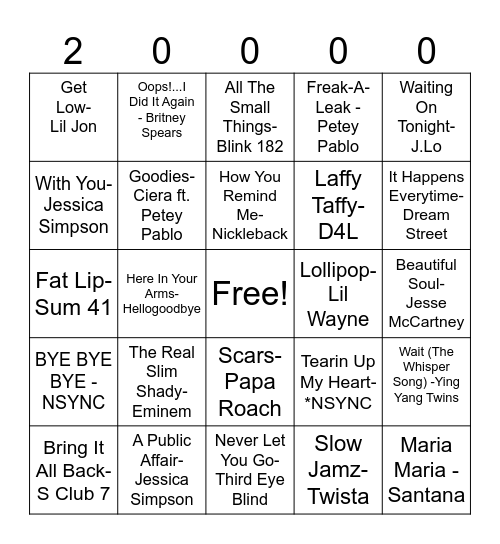 2000s Music Bingo Game 25 Bingo Card