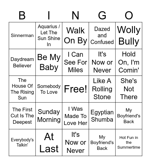 1960s Music Bingo Game 27 Bingo Card