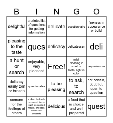 Vocal Bingo Card