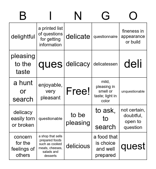 Vocal Bingo Card