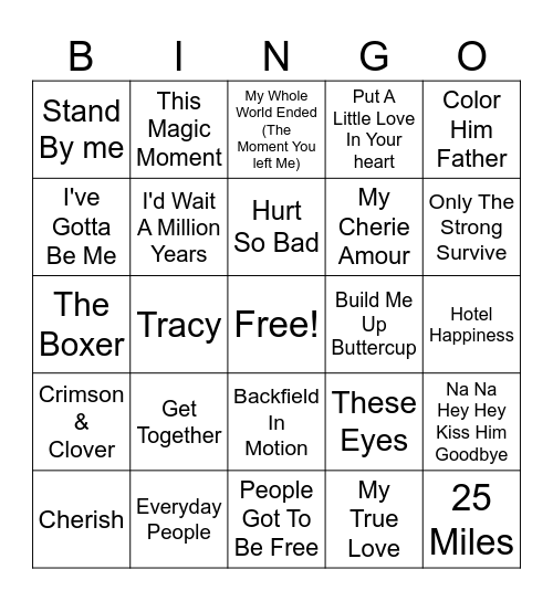 60s Music Bingo Game 28 Bingo Card