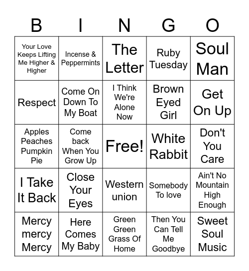 60s Music Bingo Game 29 Bingo Card