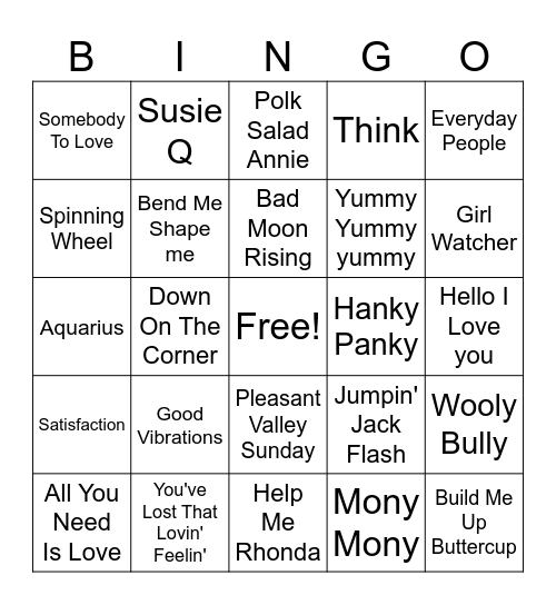 60s Music Bingo Game 33 Bingo Card
