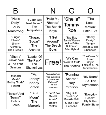 1960s Music Bingo Game 34 Bingo Card