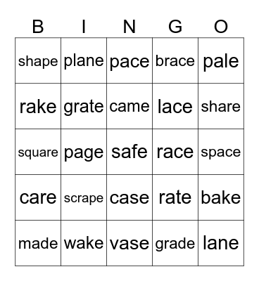 Long A Magic E! Bingo Card