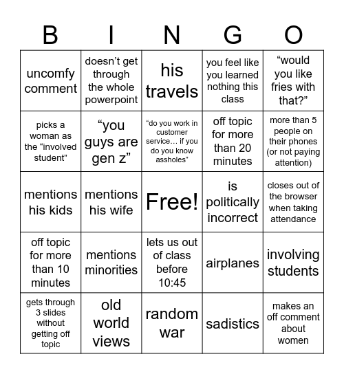 MAN3025 Bingo Card