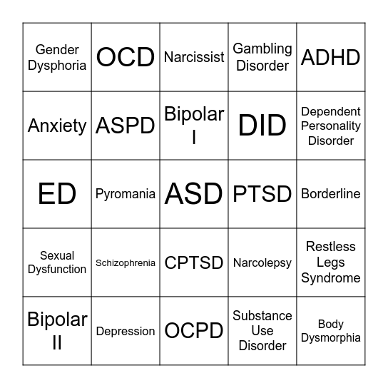 DSM-V Bingo Card