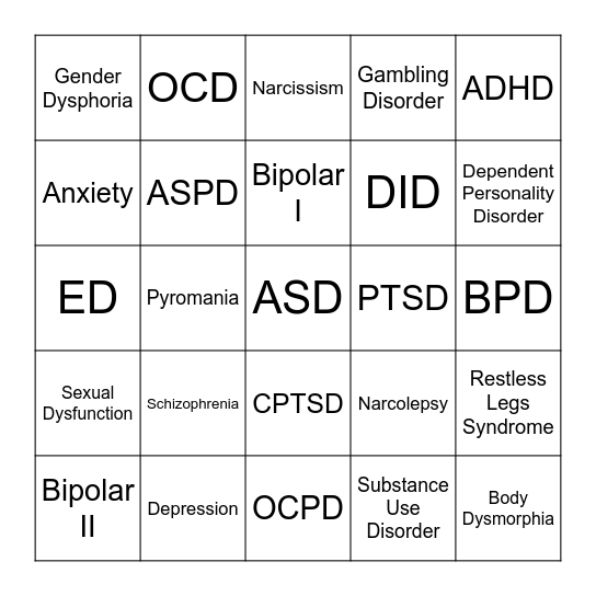 DSM-V Bingo Card