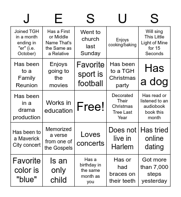 TGH Kids Team Human "Jesus" Bingo Card