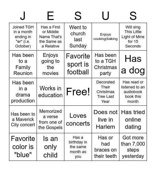 TGH Kids Team Human "Jesus" Bingo Card