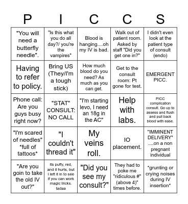 The life of a PICC nurse Bingo Card