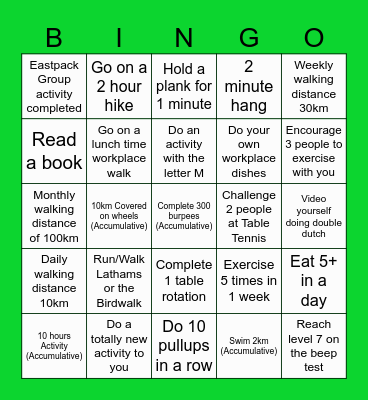 Eastpack Fitness Bingo Card