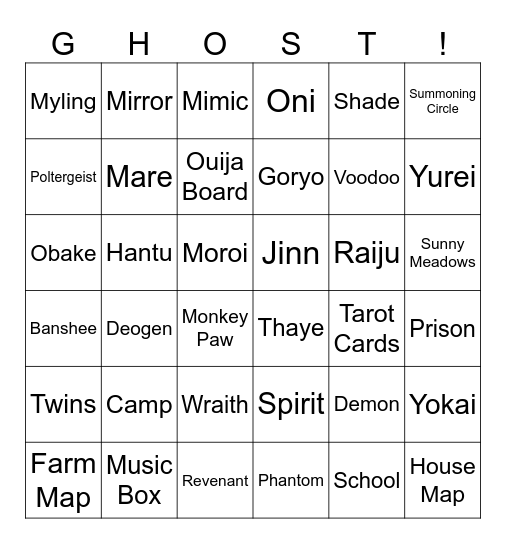 Ghost Hunt Bingo Card