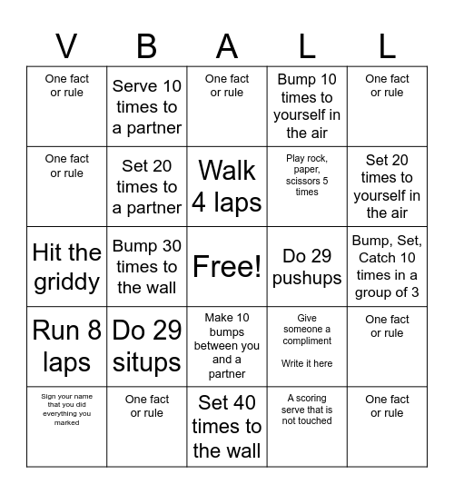 Volleyball Bingo Card