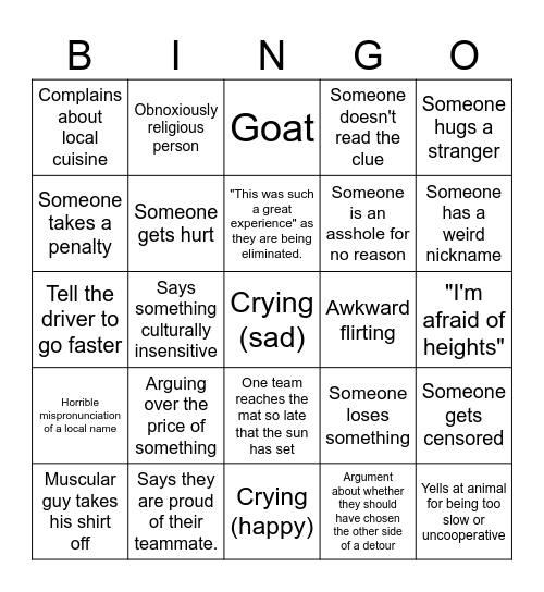 Amazing Race Season 35 Bingo Card