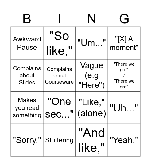 Inflateach (1 per item, 4 per bing) Bingo Card