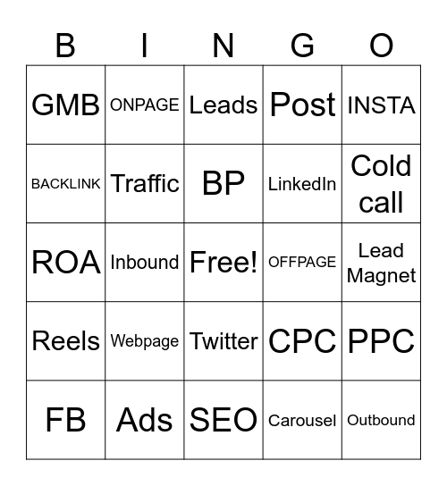 Digital Marketing Bingo Card