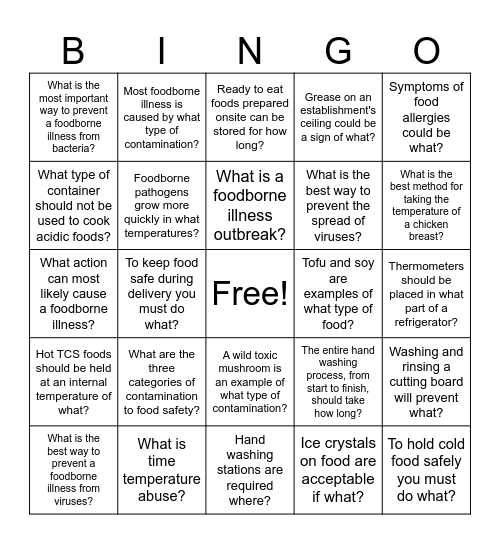 Food Safety Bingo Card