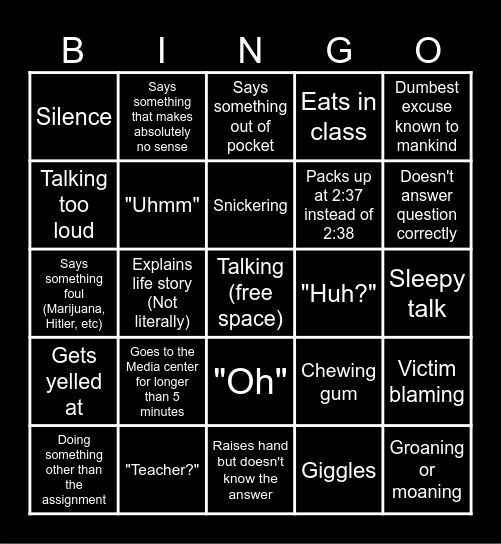 Mrs. Aronfeld Student Bingo Card