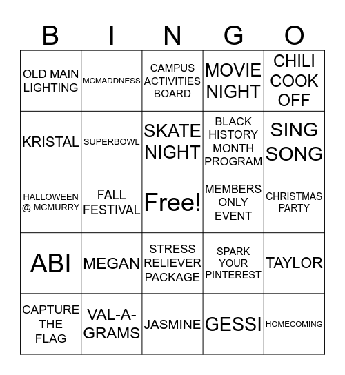 CAB BINGO  Bingo Card